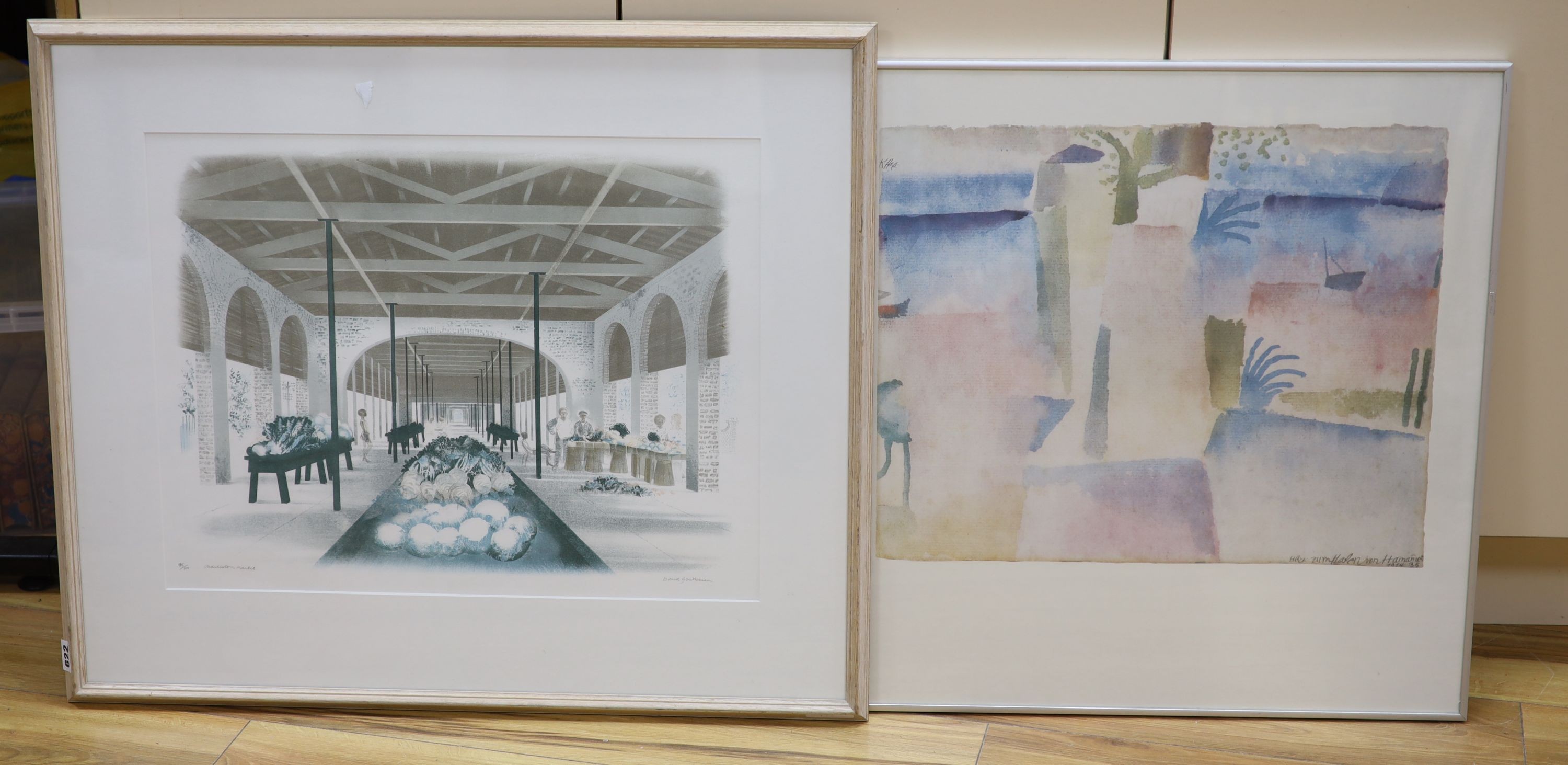 David Gentleman, limited edition print, 'Charleston Market', signed in pencil, 45/100, 44 x 56cm and a colour print by Von Hamamet